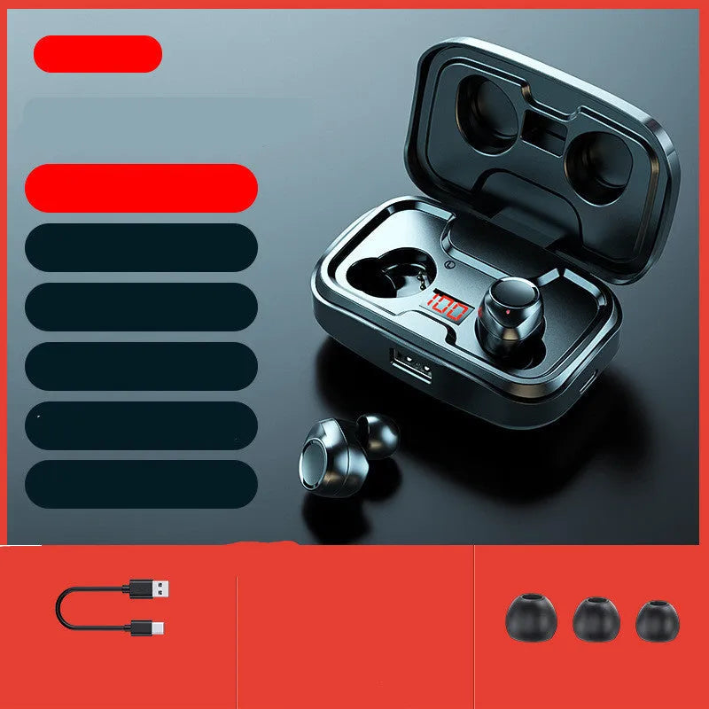 Wireless Bluetooth 5.0 in-ear earphones in black, blue, or red colours with 10-metre range