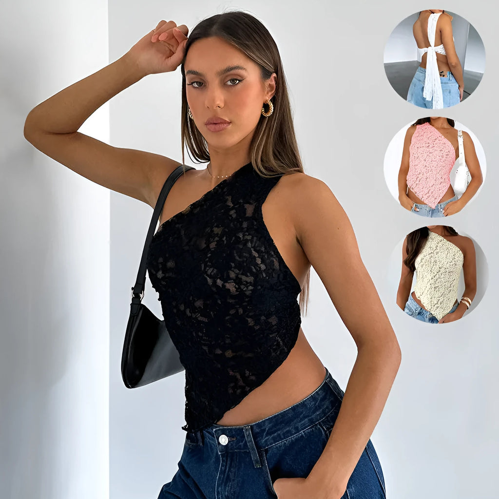 Women's sleeveless backless lace top with asymmetrical neckline in solid colour