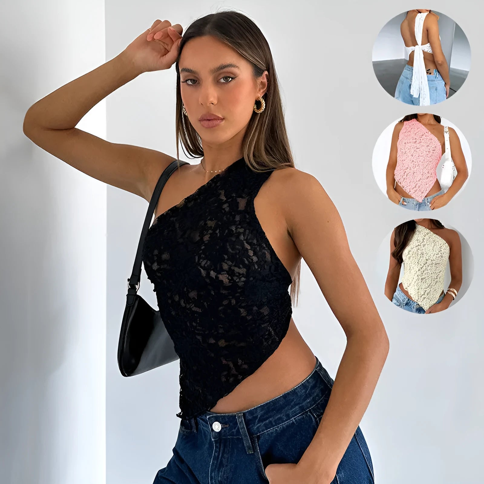 Women's sleeveless backless lace top with asymmetrical neckline in solid colour