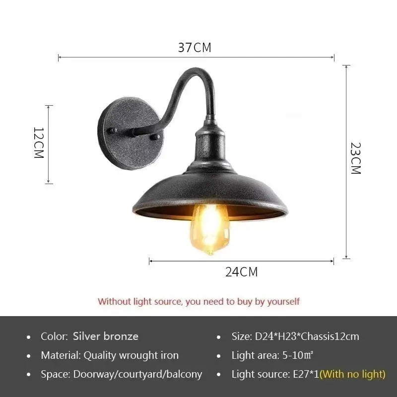 Retro-style outdoor wall lamp for a villa courtyard, shown in copper and silver finish options.