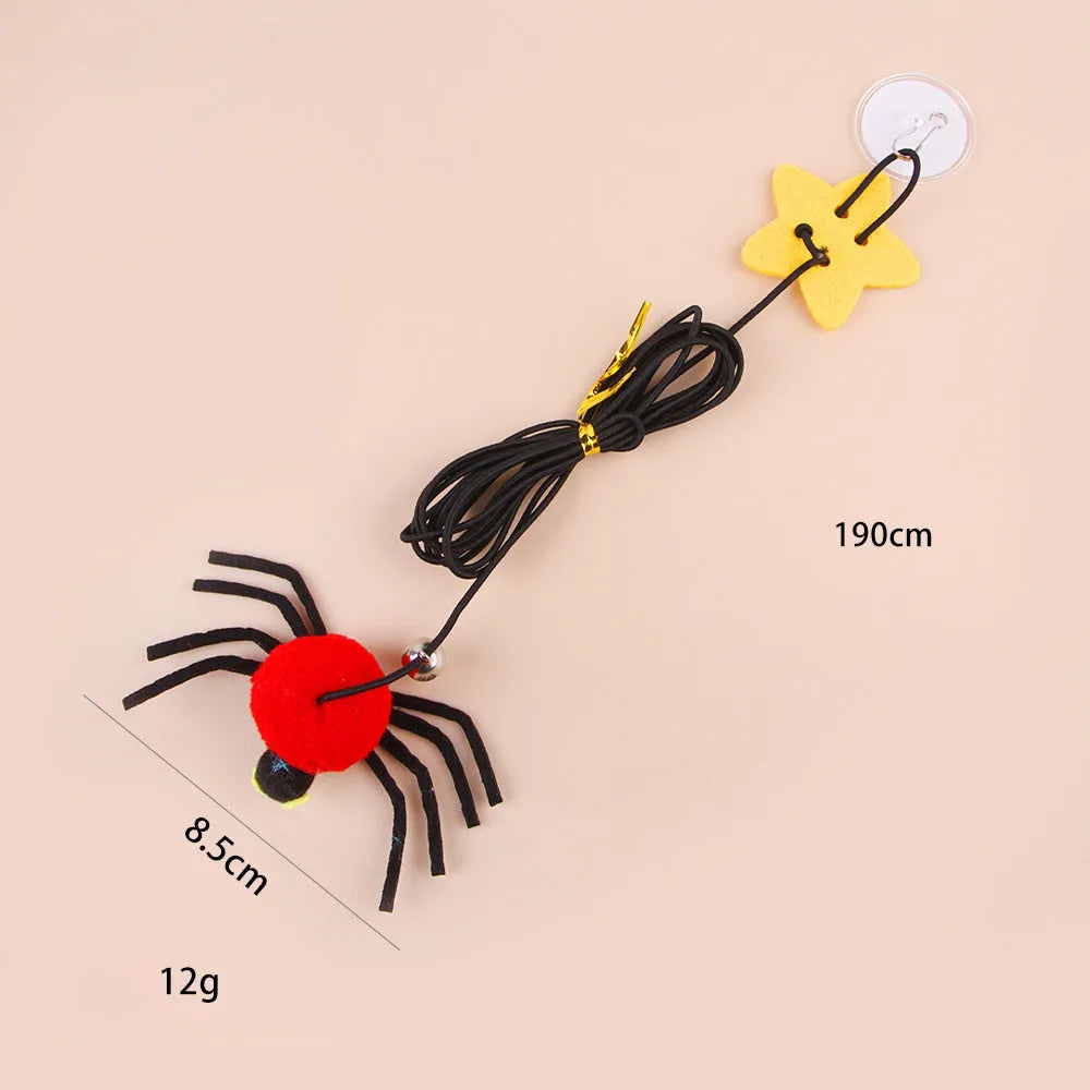 Hanging door cat toy with elastic rope, feather bell spider attachment in red colour