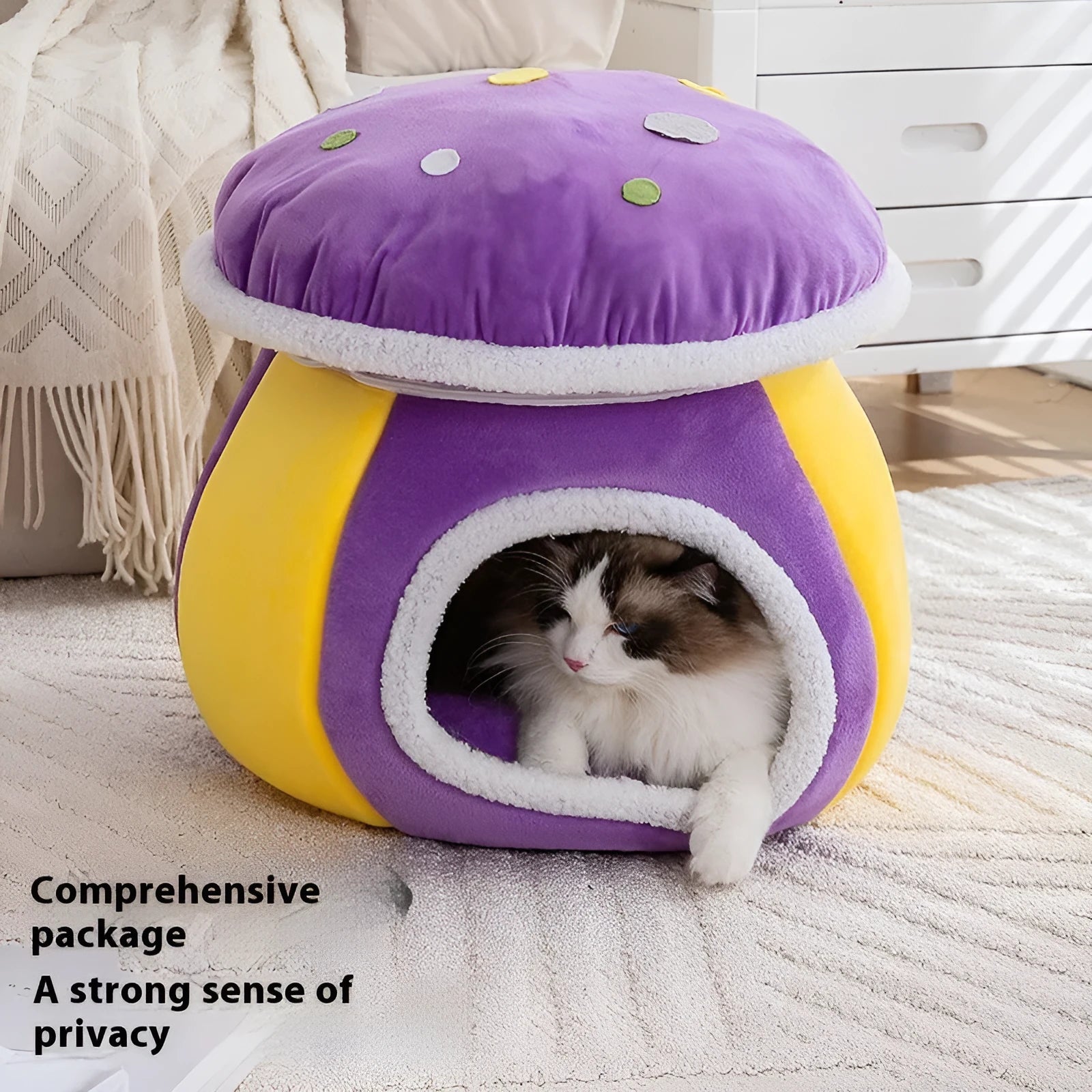 Mushroom-shaped cat nest in thick thermal plush rabbit fur with detachable design