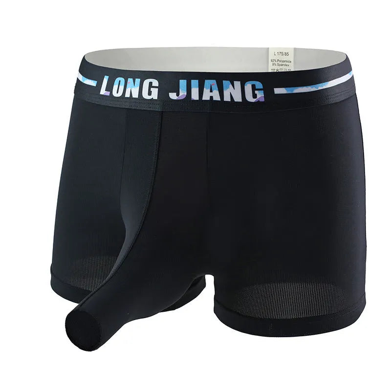 Men's Ice Silk trunk open boxers in a selection of solid colours including black, grey, and army green.