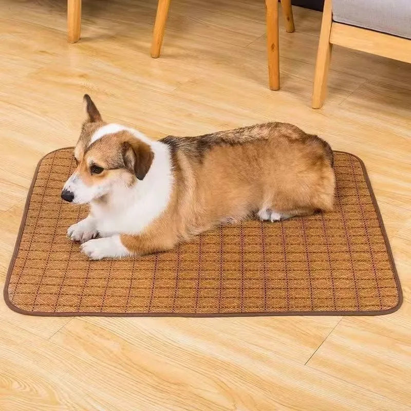 Brown woven rattan fibre dog cooling mat on a floor, shown in a large size.