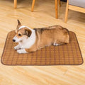 Brown woven rattan fibre dog cooling mat on a floor, shown in a large size.