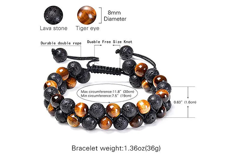 Geometric agate couple bracelets with tiger eye and matte black beads, showing style options.