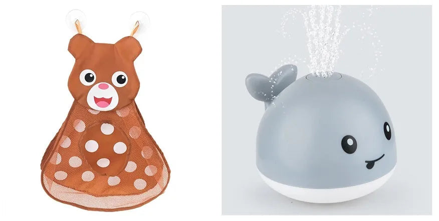 Electric whale bath toy spraying water with flashing LED lights in baby bath