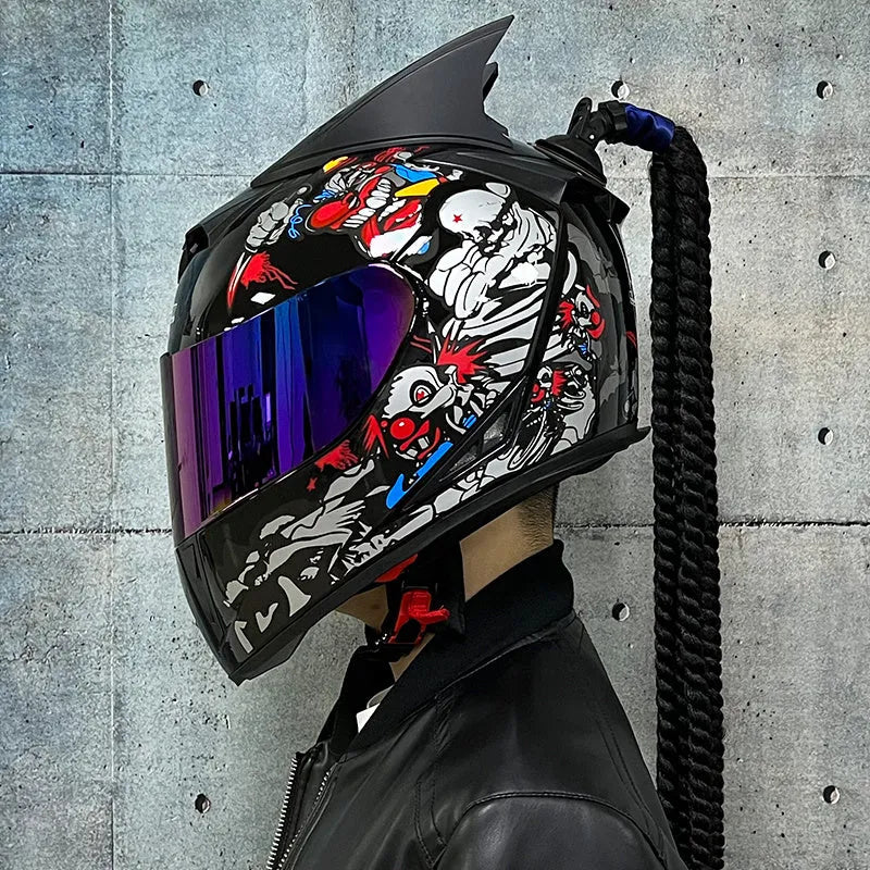 Couples motorcycle helmets with graphic designs in black, blue, and grey colours