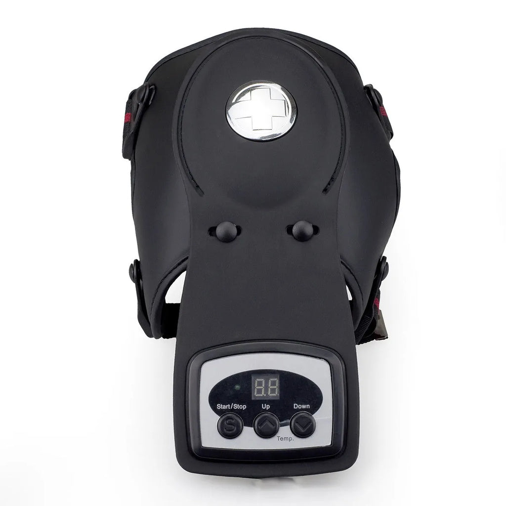 Portable infrared knee and shoulder massager with gel pads and adjustable temperature control unit.