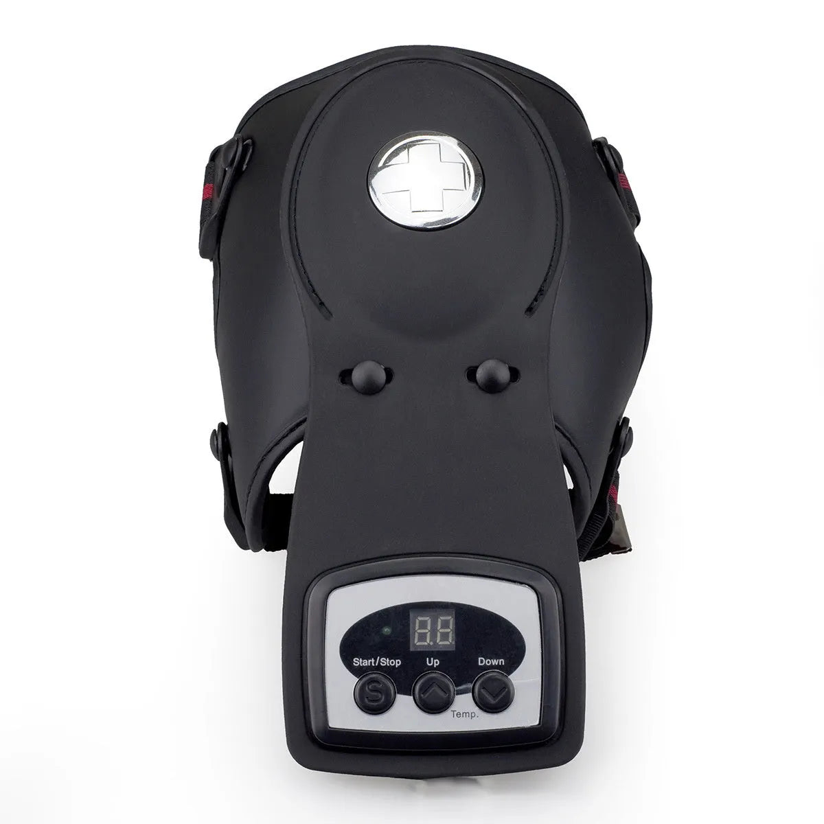 Portable infrared knee and shoulder massager with gel pads and adjustable temperature control unit.