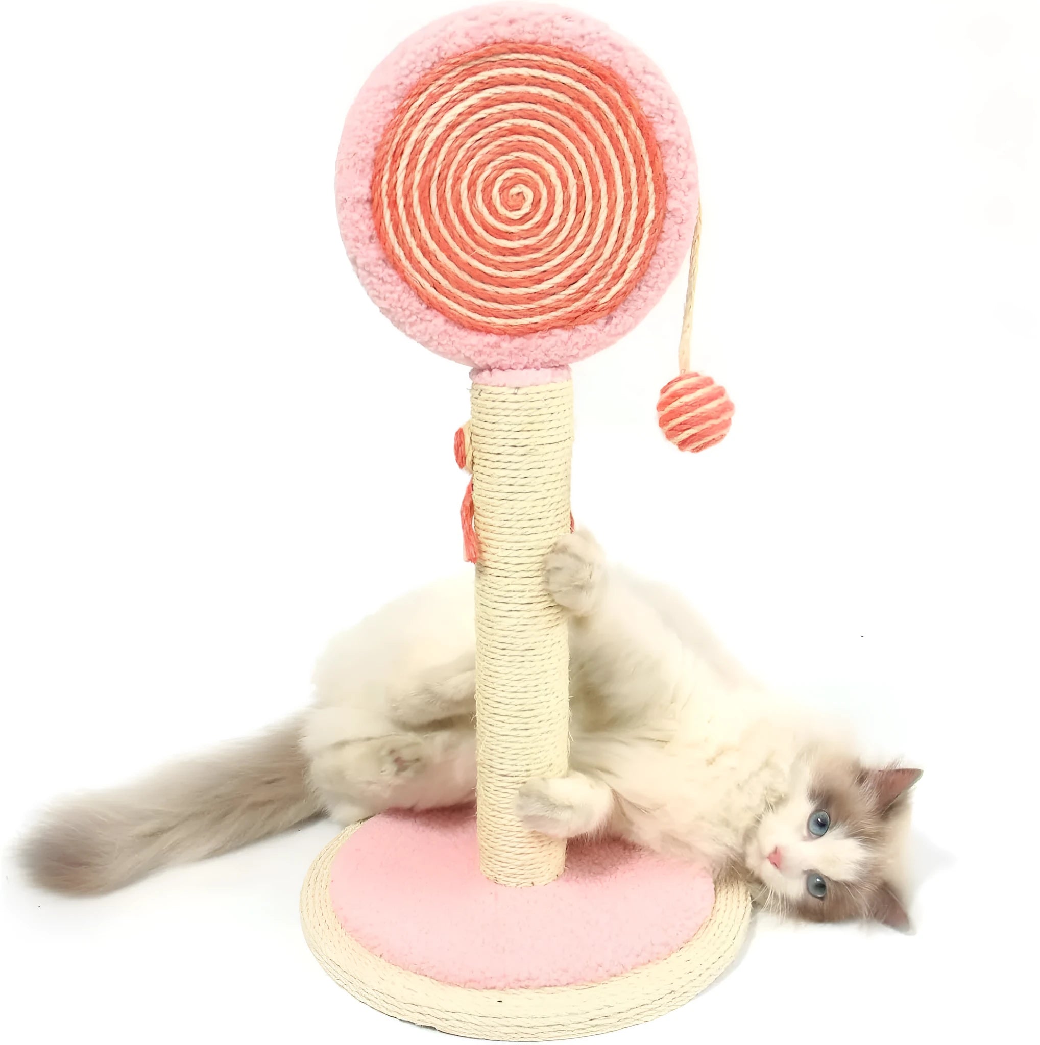 Blue cat scratching post with natural sisal rope and a hanging yellow ball toy on a sturdy wooden base.