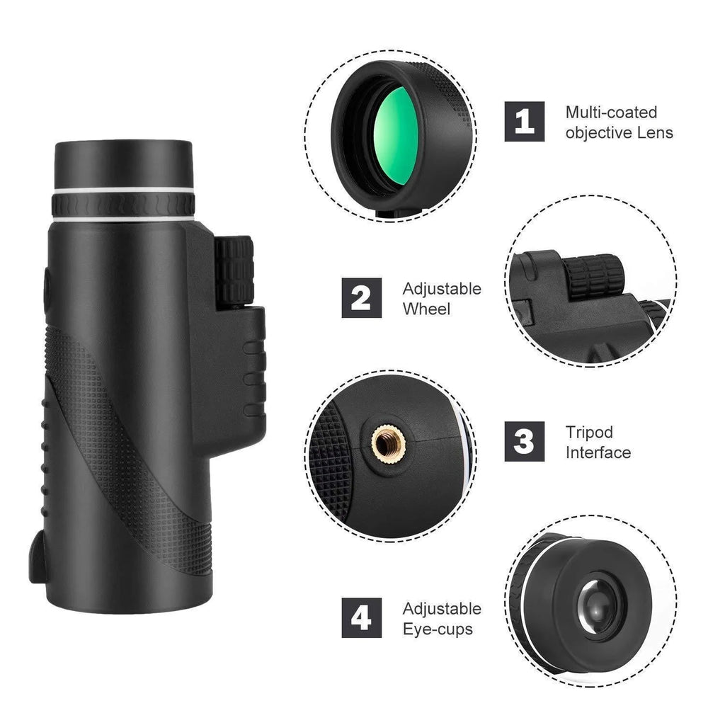 Black 40x60 HD monocular telescope with fully coated lenses and waterproof construction