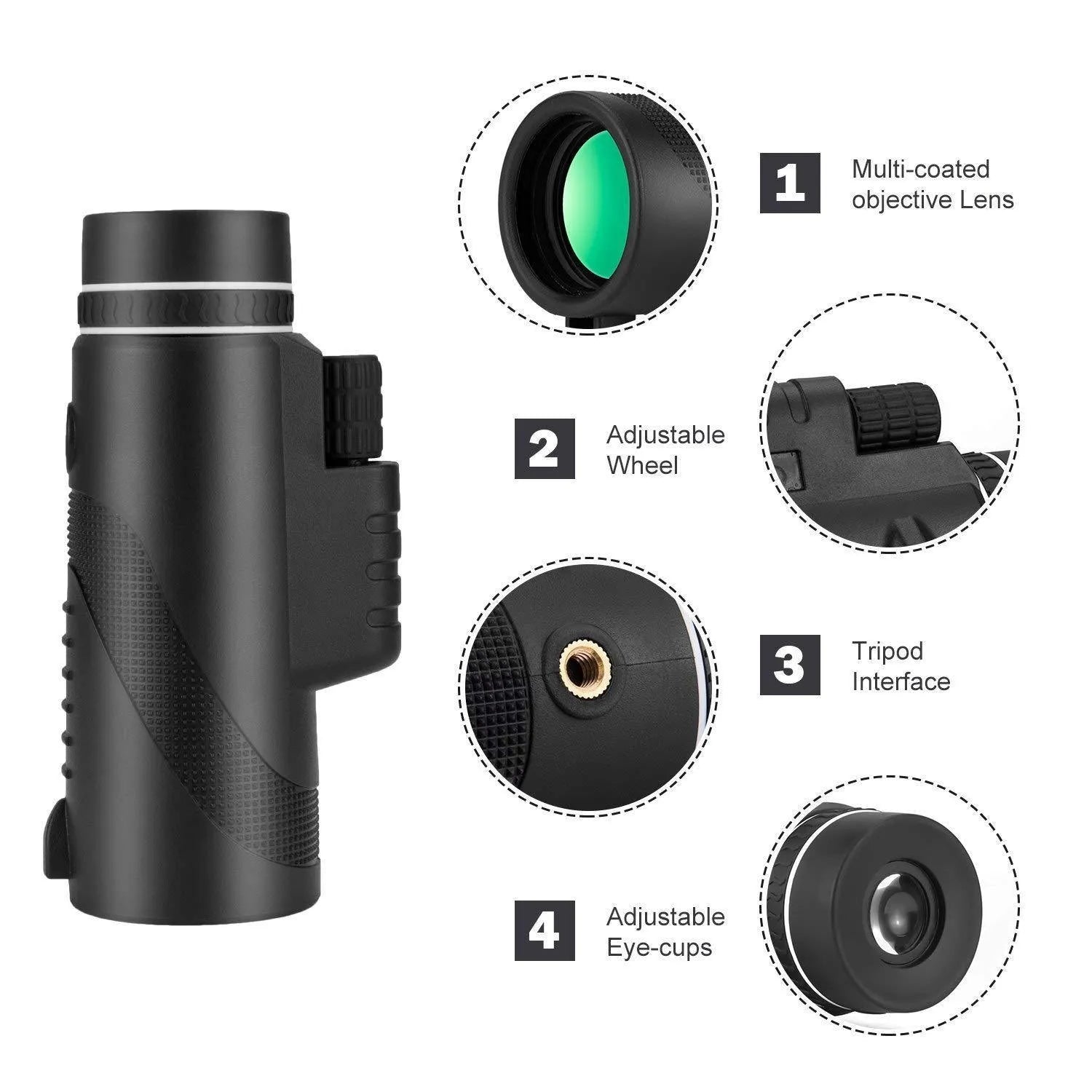 Black 40x60 HD monocular telescope with fully coated lenses and waterproof construction