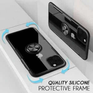 Black iPhone case with a built-in car holder arm on the back, shown next to a phone