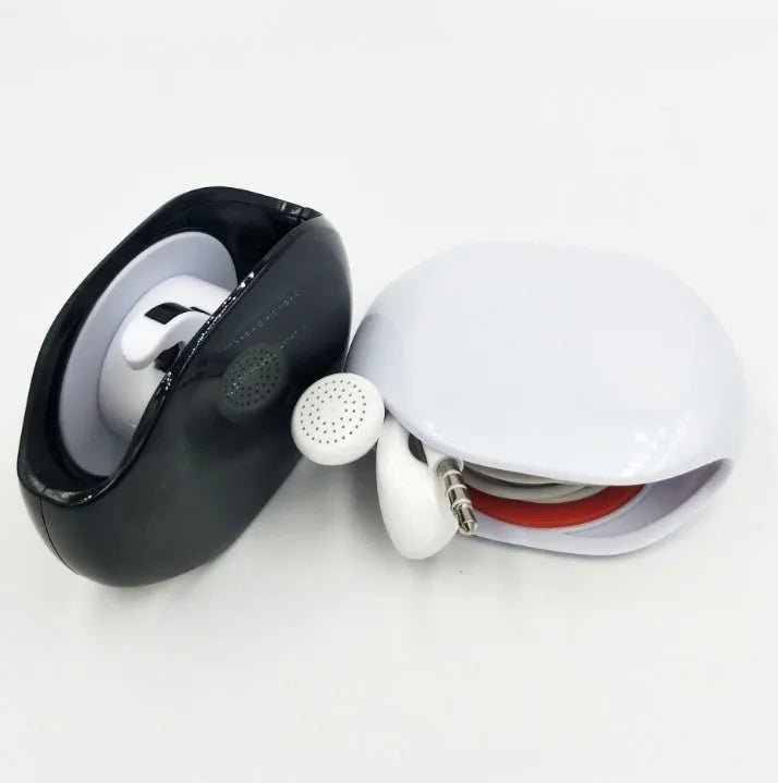 Automatic earphone cable winder retractor in PC ABS plastic, showing compact size and multiple colour options.