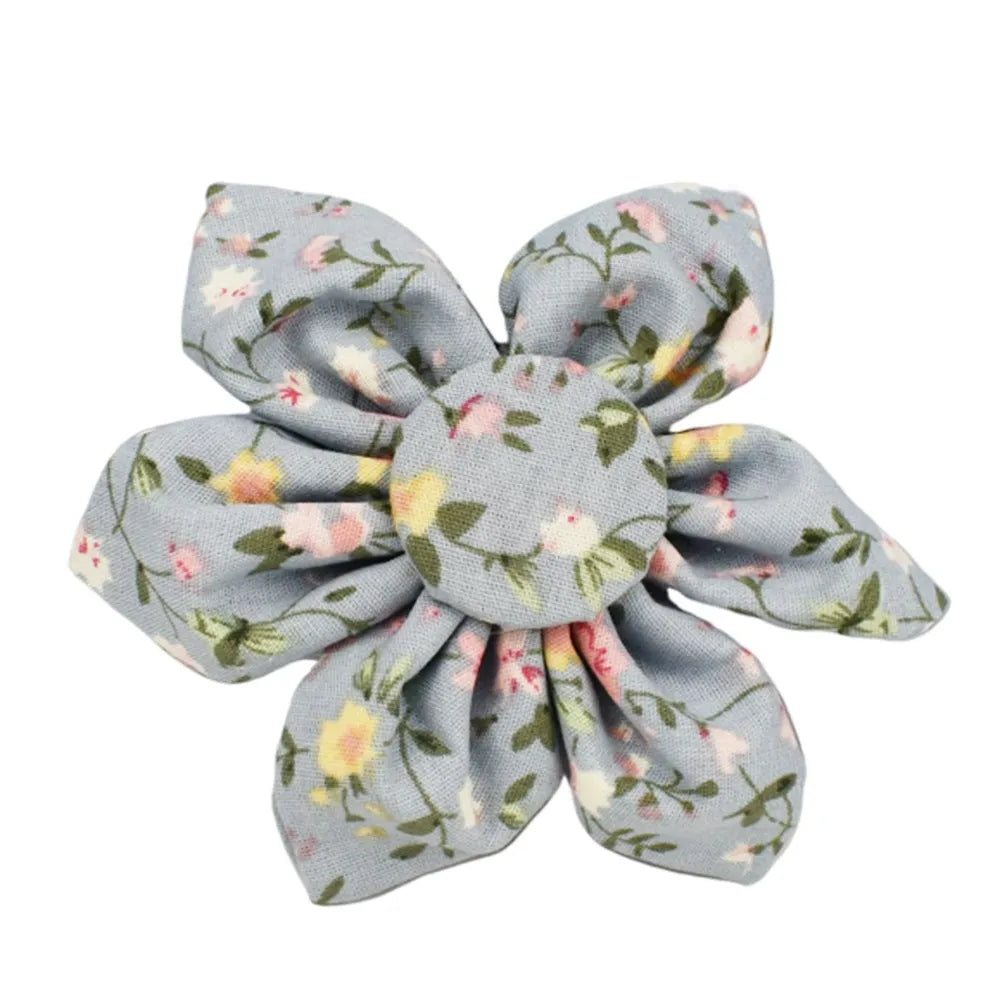 Blue floral patterned cloth dog collar with matching leash, vest, bow, and poop bag set for pet gifts
