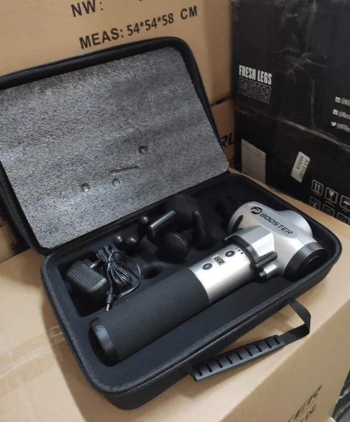 Black and white electric percussion massage gun for muscle relaxation on a grey background.