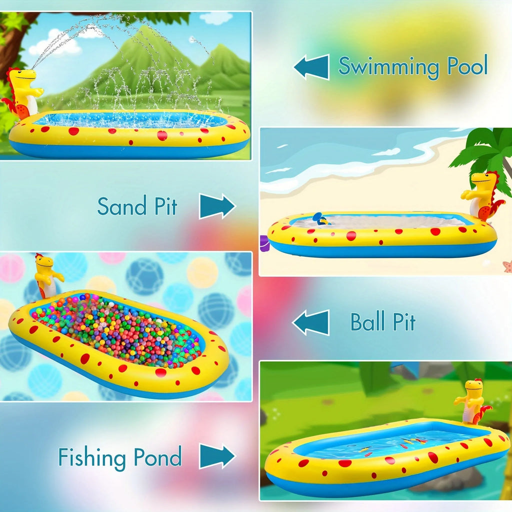 Blue dinosaur inflatable water spray pool with splash mat and toy shark for garden play