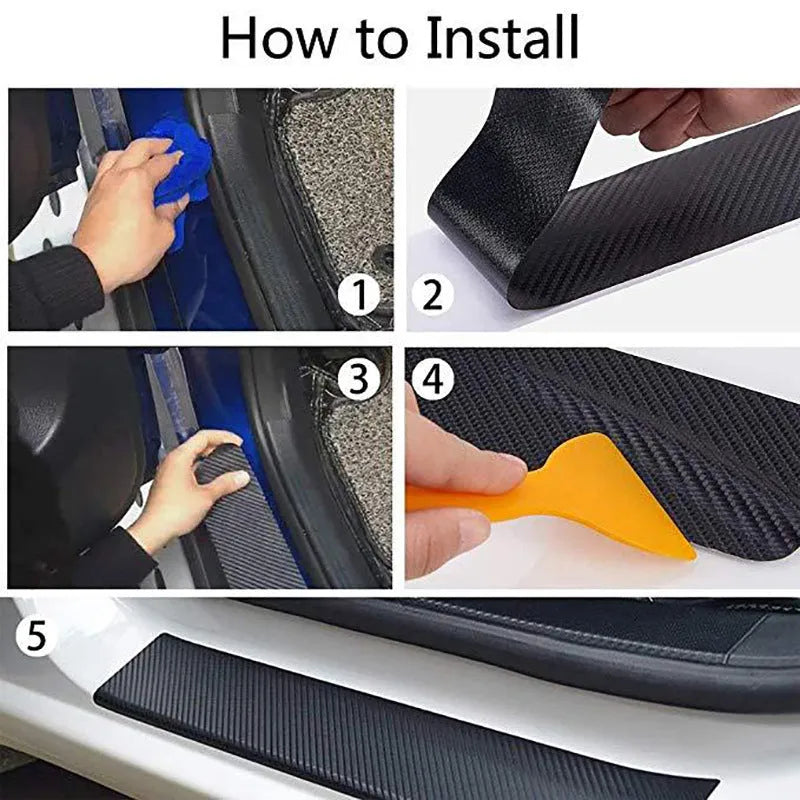 Matte carbon fibre car door sill protector roll showing 3D textured pattern with adhesive backing