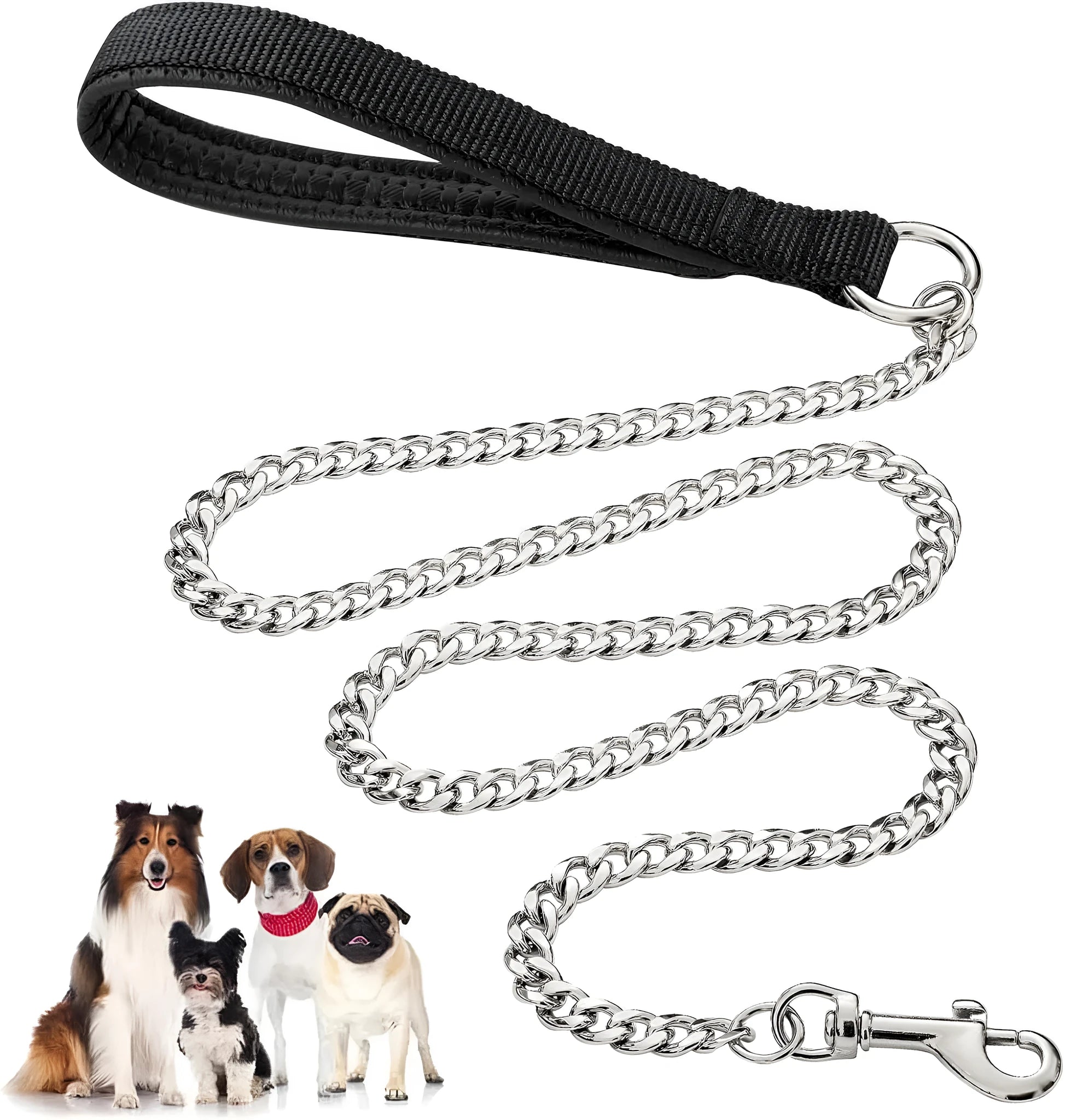 Heavy duty metal dog leash chain with soft padded handle in black colour