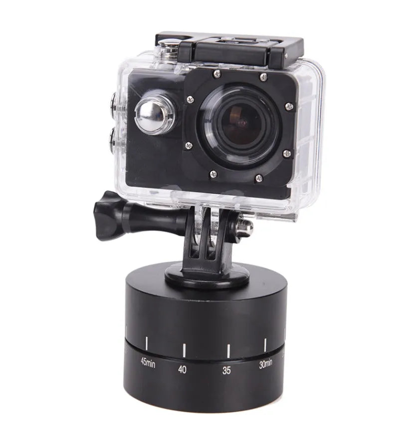 Lapse-compatible rotating tripod head base for automated camera panning on a video tripod.