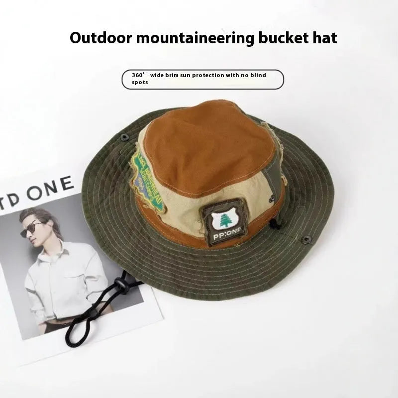 Army green women's cotton fisherman hat with retro patch design and flat top crown