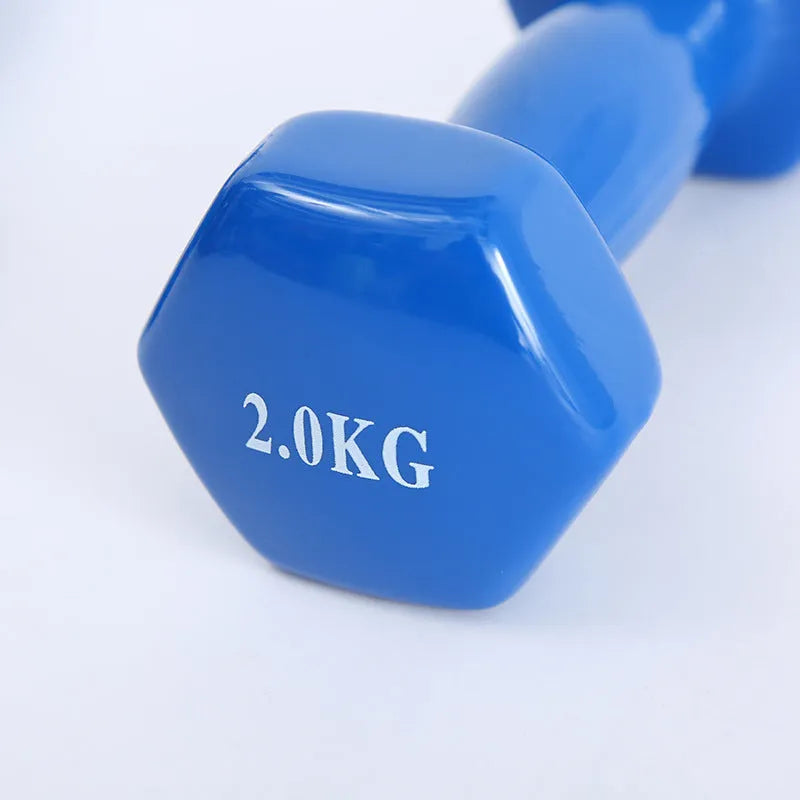 Bright colourful plastic dumbbells for home fitness workouts with glossy floor-protecting surface