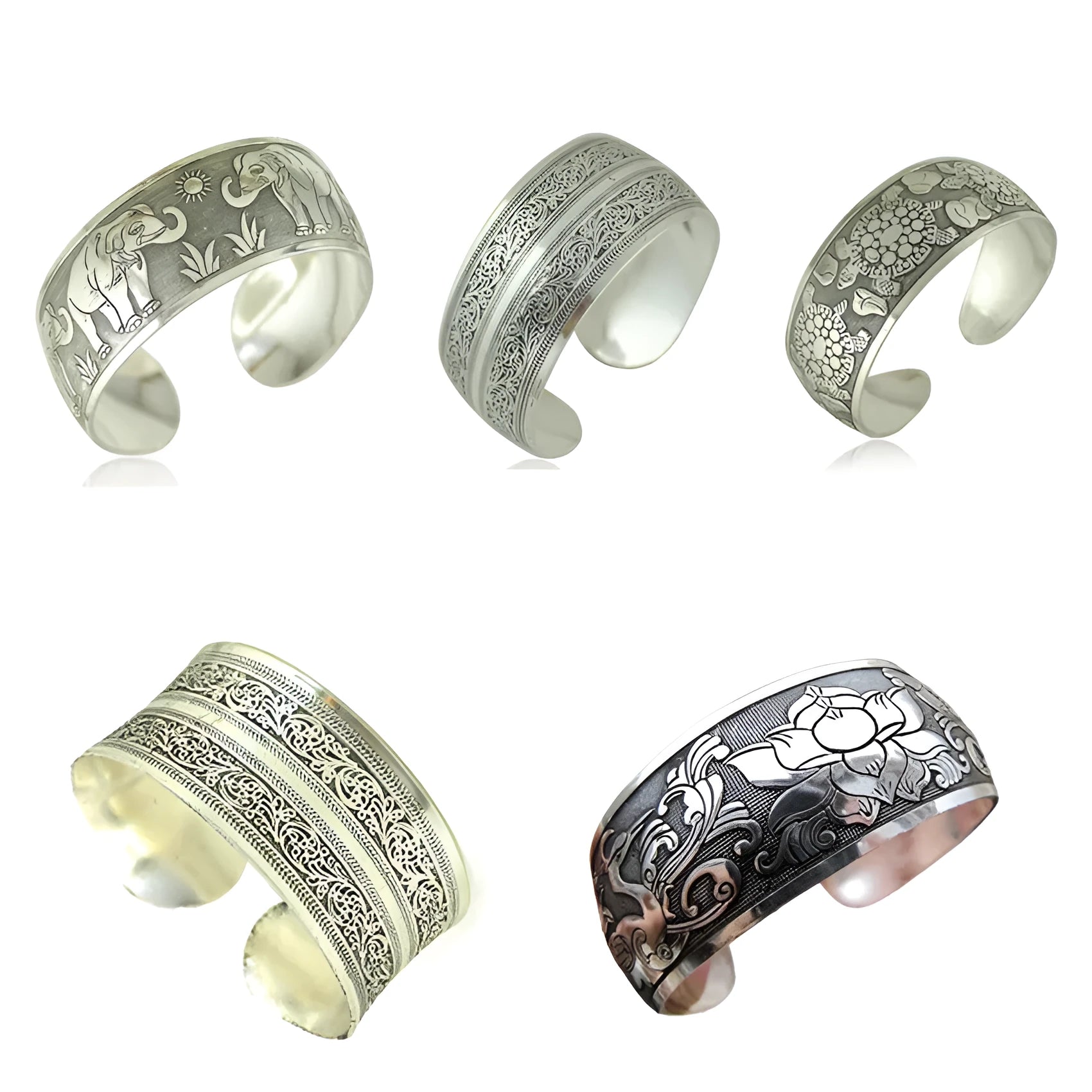 Ethnic carved open Miao silver bracelet showing turtle and elephant motifs