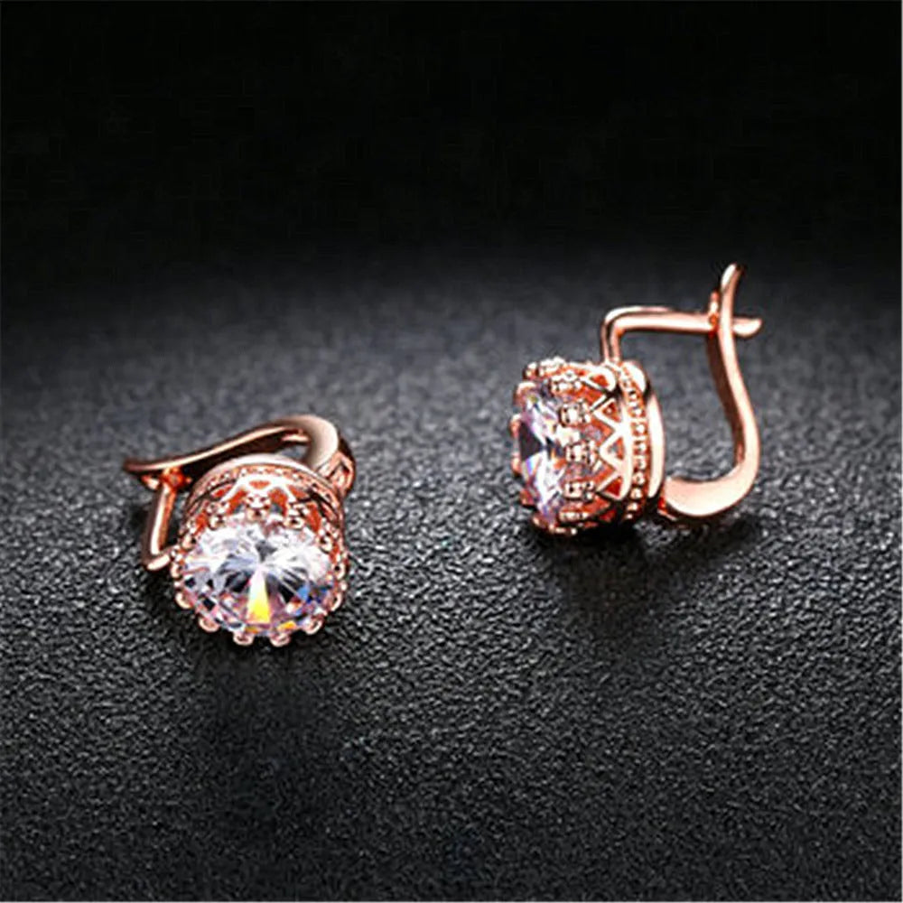 Korean retro crown ear clip earrings in white diamond design with rose gold or white gold colour finishes
