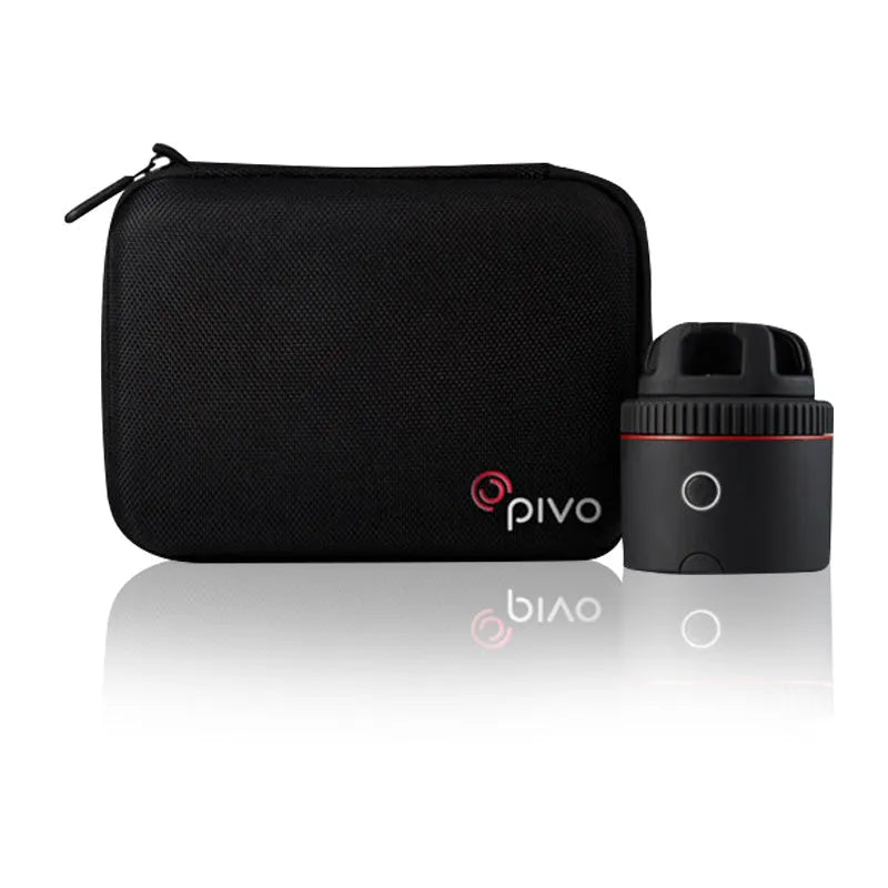 PIVO black matte facial tracking camera accessory showing 360-degree rotation mount for smartphones.