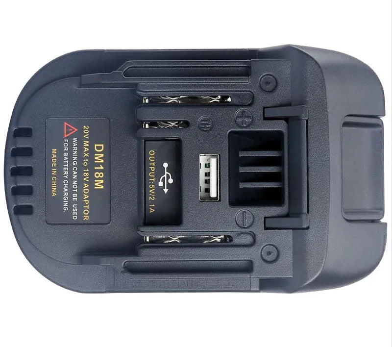 Black Milwaukee DM18M to Makita H99F battery adapter measuring 125x90x65mm