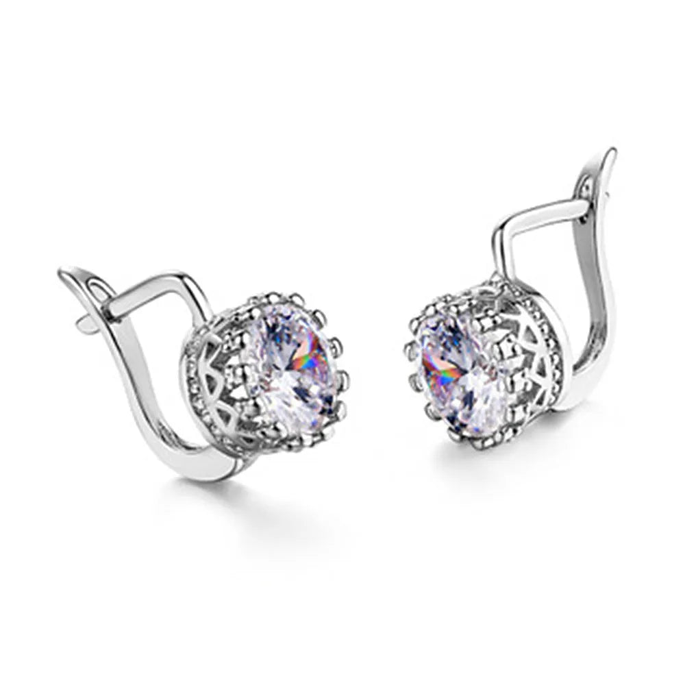 Korean retro crown ear clip earrings in white diamond design with rose gold or white gold colour finishes