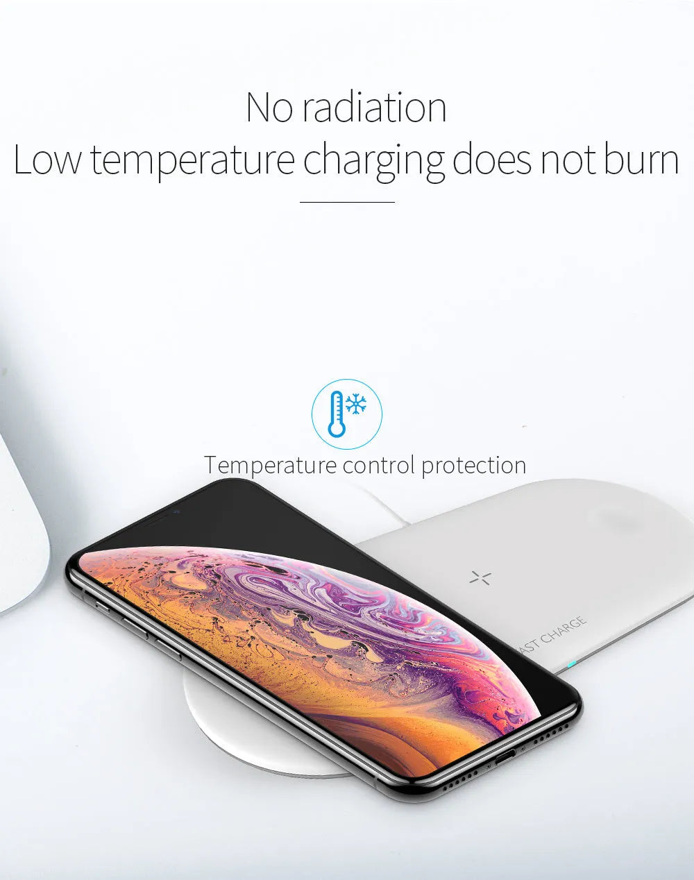 Black 3-in-1 wireless charging station for iPhone, Apple Watch, and earbuds on a wooden desk