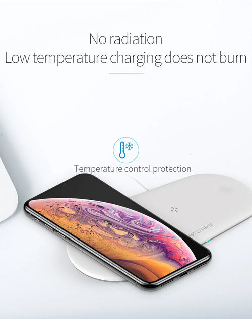 Black 3-in-1 wireless charging station for iPhone, Apple Watch, and earbuds on a wooden desk