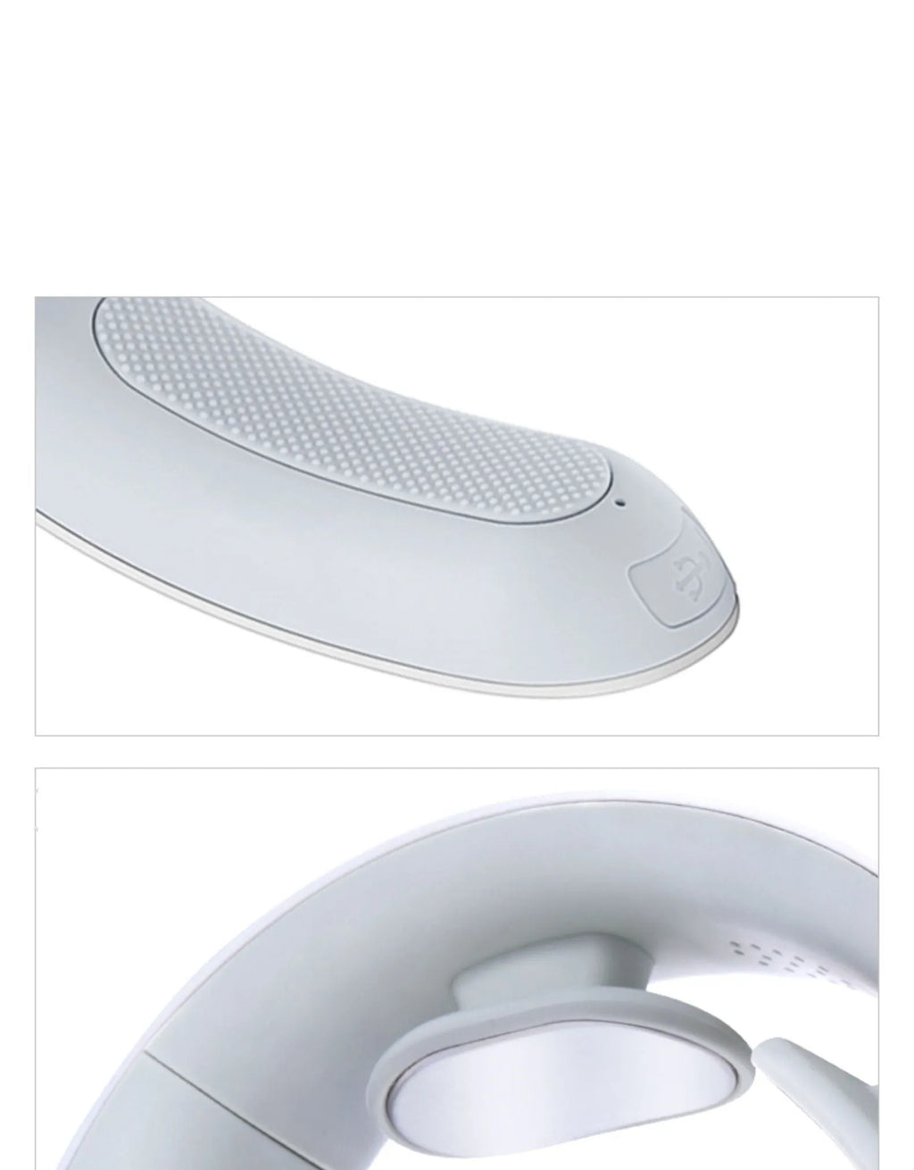 White electric acupressure massager for back neck and shoulder pain relief on a grey background.