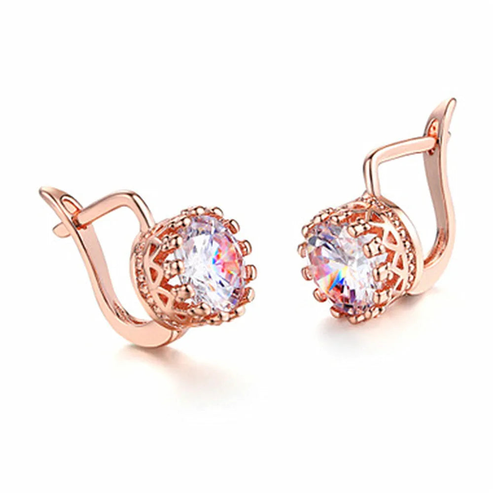 Korean retro crown ear clip earrings in white diamond design with rose gold or white gold colour finishes
