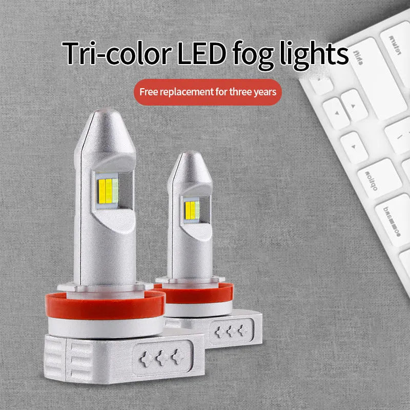 Universal three-colour LED fog lamp bulb with aluminium housing for cars, motorcycles and trucks.