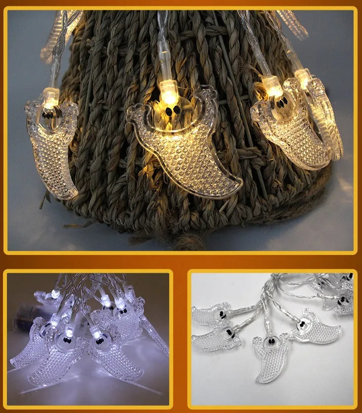 Halloween LED string lights with pumpkin, ghost and bat pendants on 1.2 metre battery-powered cord