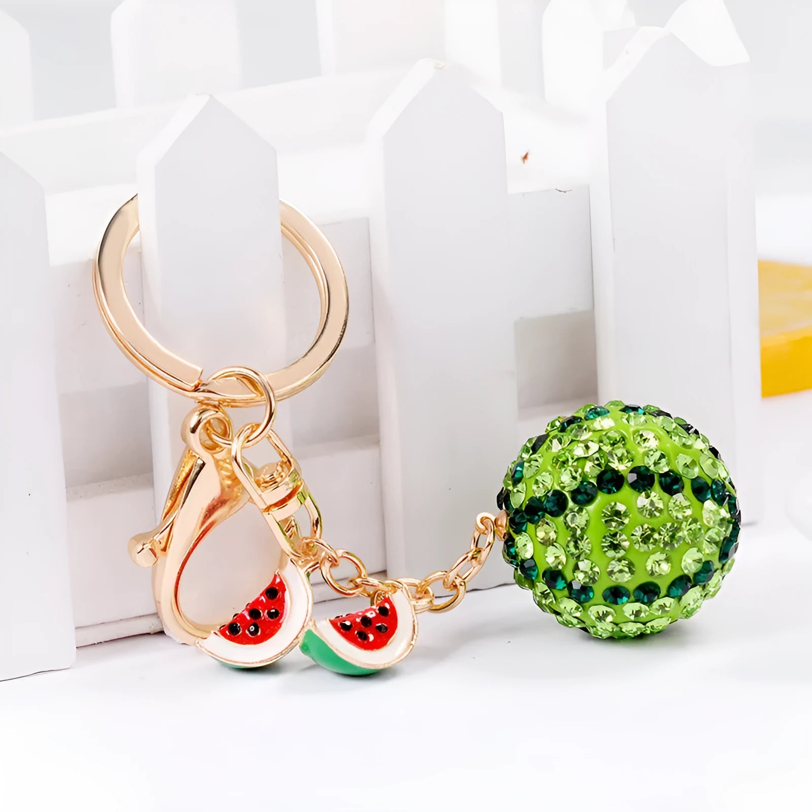 Green watermelon-shaped zinc alloy keychain measuring 12cm