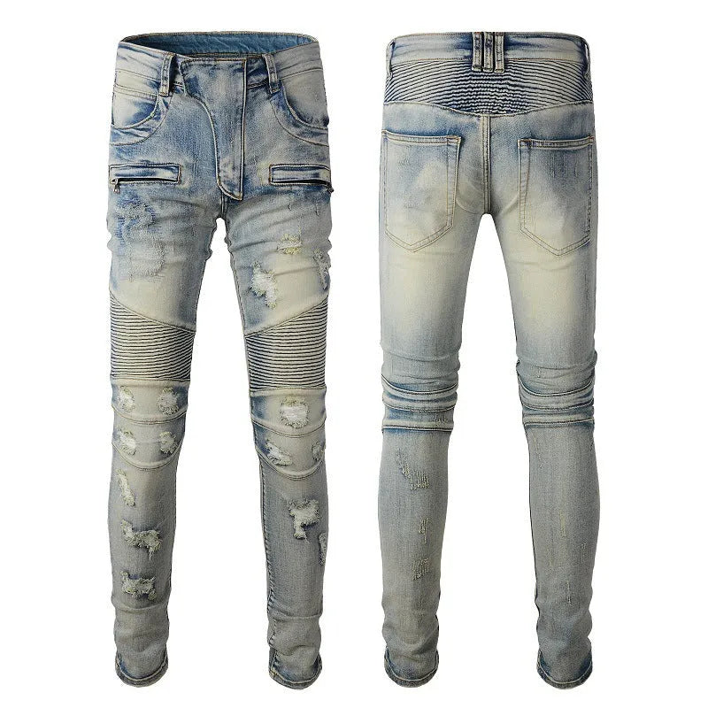 Light blue men's slim fit distressed jeans with hand-frayed details and a straight leg cut.