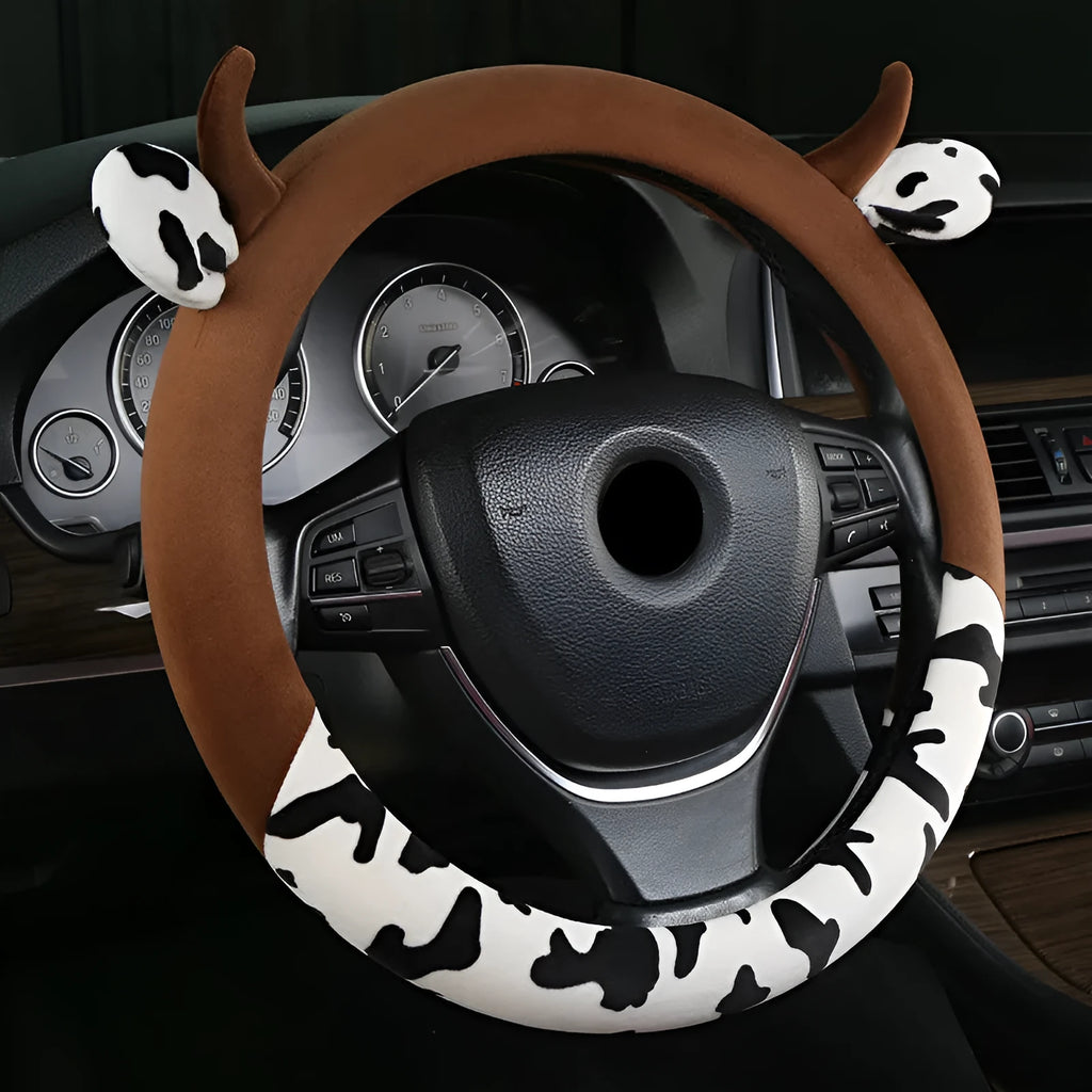 Plush steering wheel cover in black or coffee colours fitting 38cm diameter steering wheels