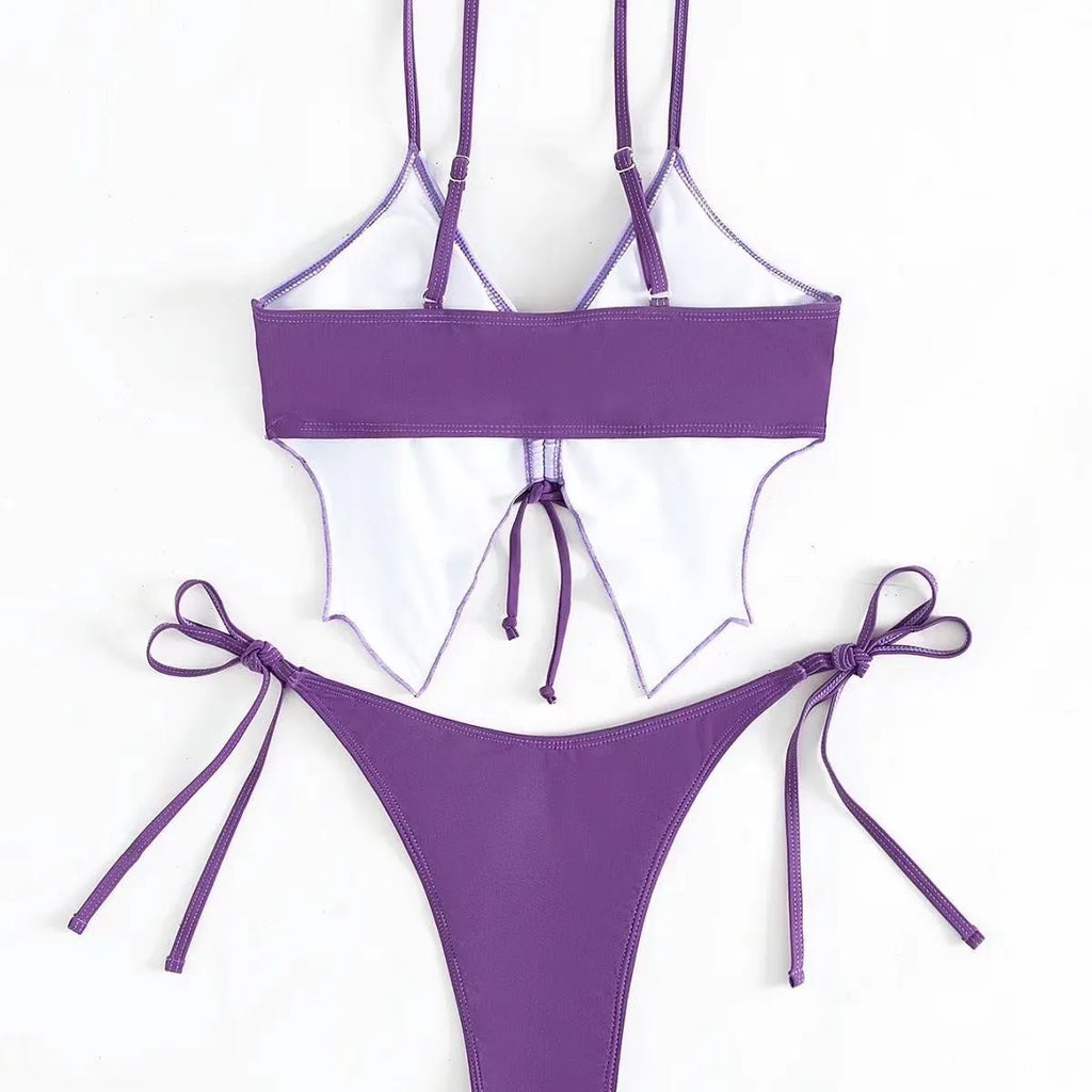 Women's sleeveless split bikini suit in polyester, shown in a colour option like glittering powder or dark green.