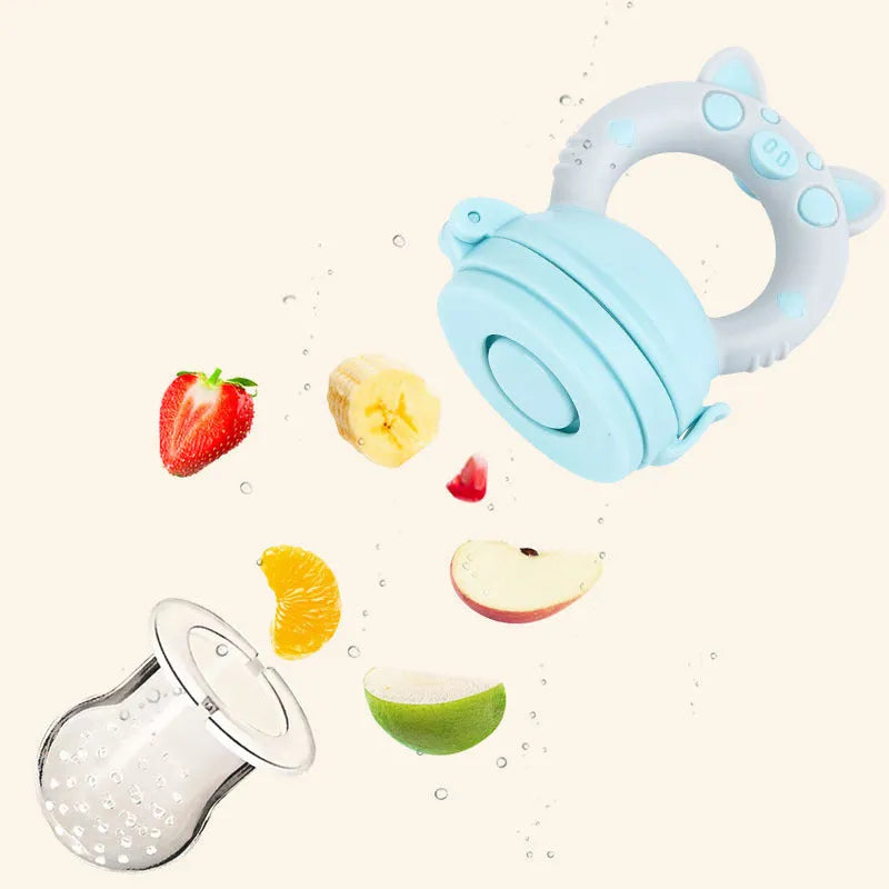 A blue silicone baby teether with three interconnected textured mouthpieces for chewing.