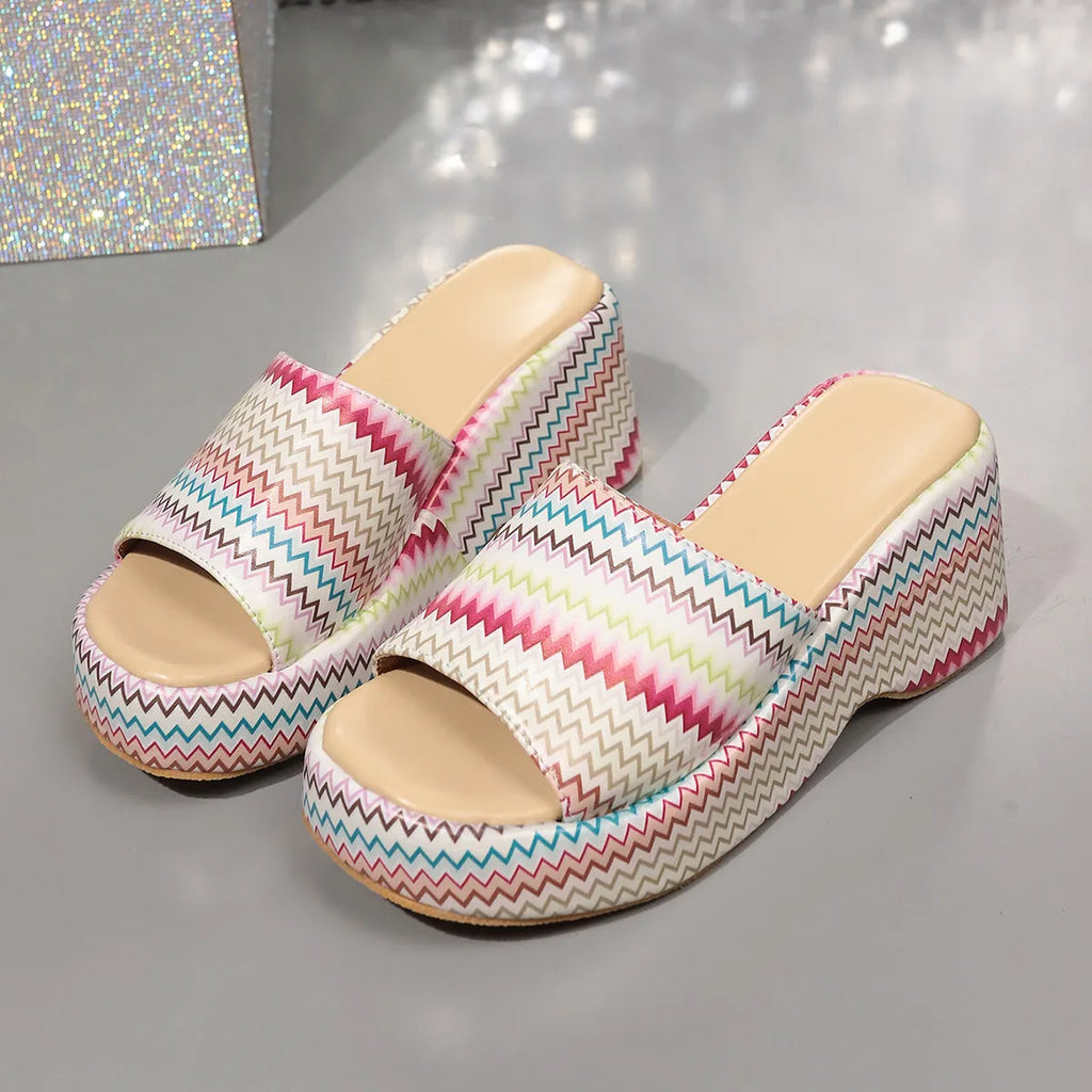 Women's colourful wave print wedge sandals with fish mouth toe and thick rubber sole