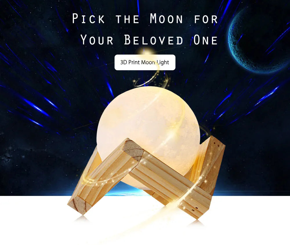 3D printed white moon lamp with textured surface on a wooden stand, showing touch ring at base.