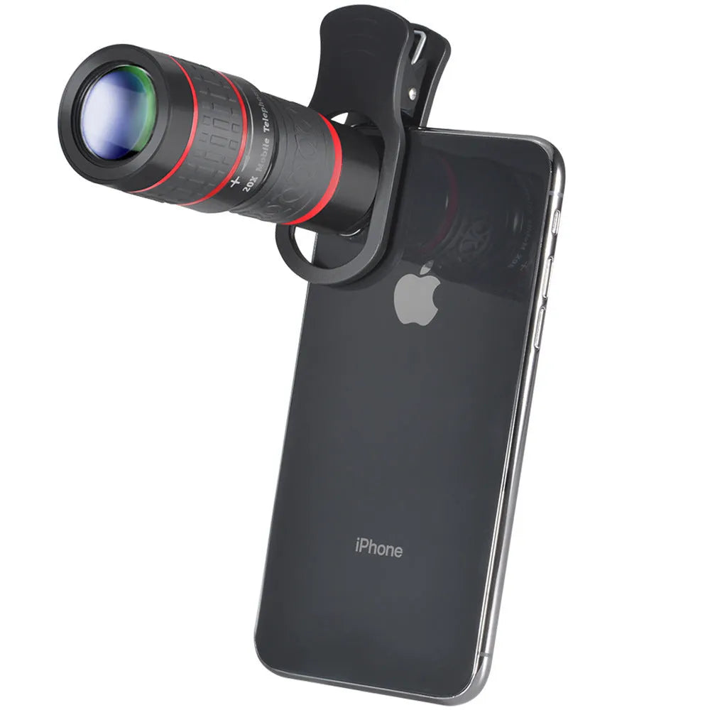 20x magnification mobile phone telescope with universal clip attachment on a smartphone