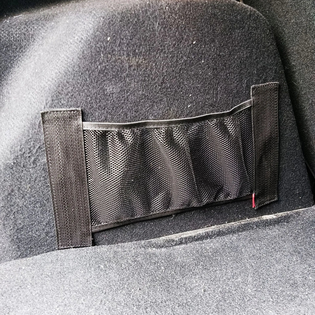 Black polyester elastic storage net for car boot organisation in two size options