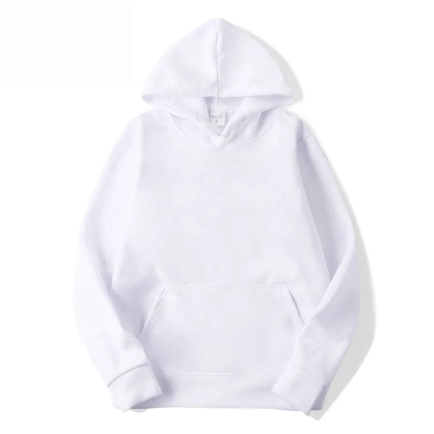 White solid colour cotton blend pullover hoodie for men and women on a mannequin.