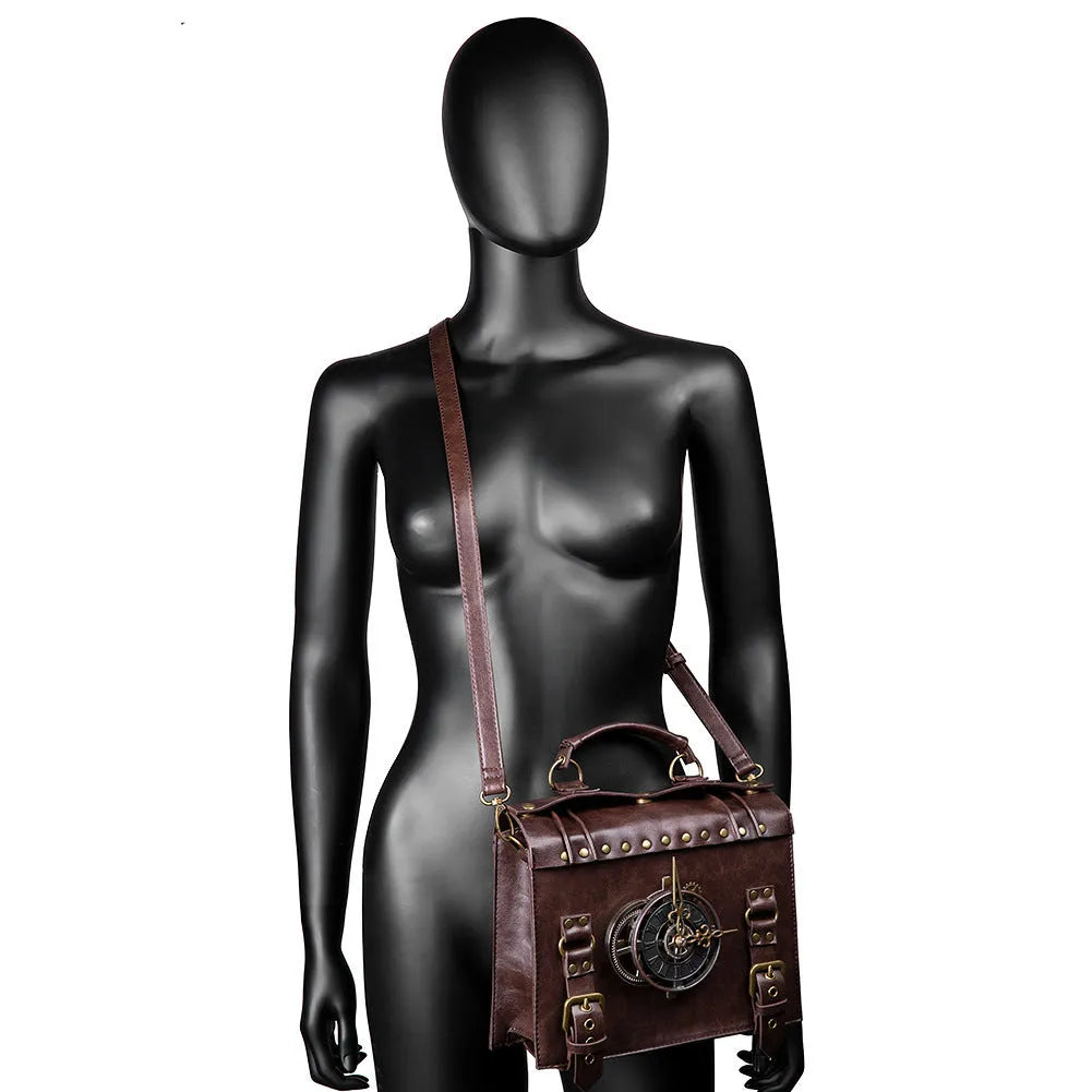 Bronze steampunk industrial retro shoulder bag with metal accents and pillow bag shape