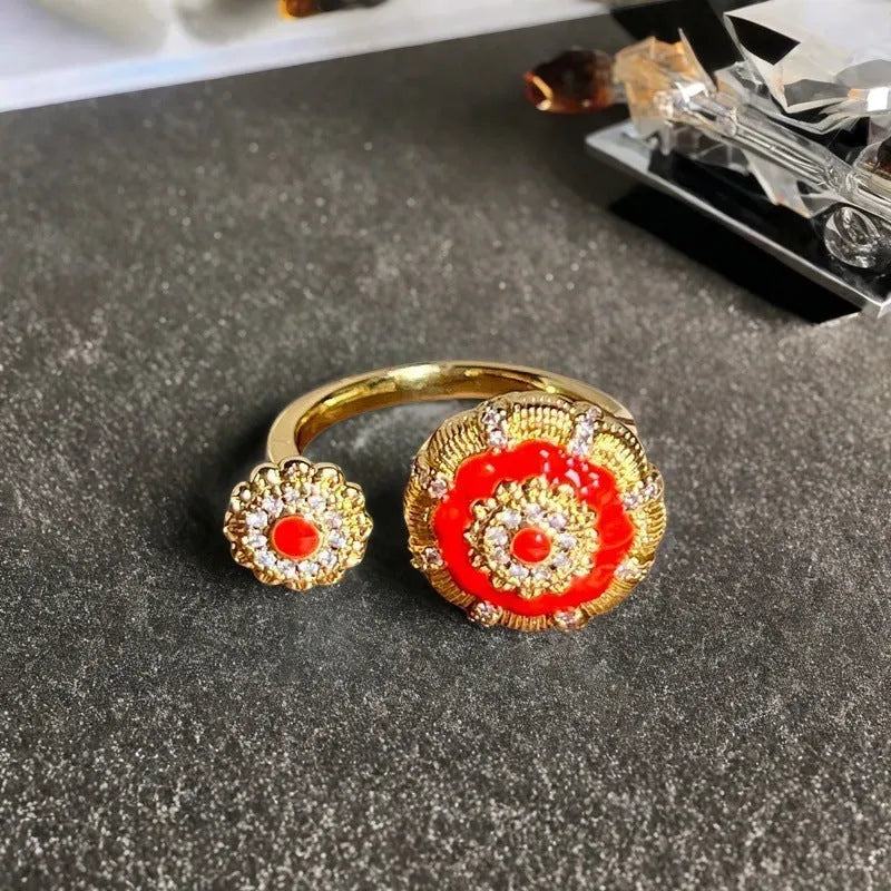 Adjustable vintage copper ring with gourd motif and inlaid zircon stones in New Chinese style.